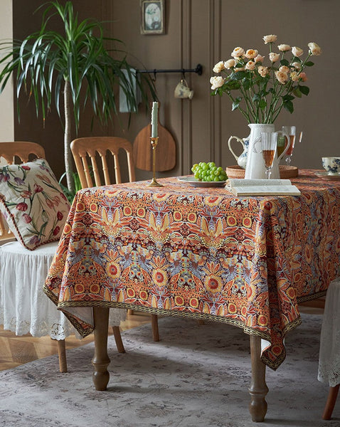 Flower Pattern Tablecloth, Square Tablecloth for Round Table, Large Cotton Rectangle Tablecloth for Home Decoration, Farmhouse Table Cloth Dining Room Table-LargePaintingArt.com