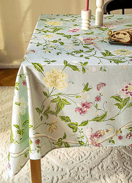 Singing Bird Tablecloth for Round Table, Kitchen Table Cover, Flower Table Cover for Dining Room Table, Modern Rectangle Tablecloth Ideas for Oval Table-LargePaintingArt.com