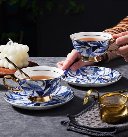 Unique British Tea Cup and Saucer in Gift Box, Blue Bone China Porcelain Tea Cup Set, Elegant British Ceramic Coffee Cups-LargePaintingArt.com