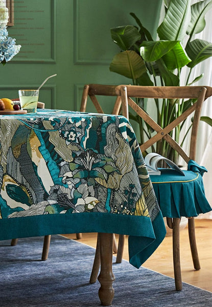 Large Modern Rectangle Tablecloth for Dining Room Table, Blue Flower Pattern Farmhouse Table Cloth, Square Tablecloth for Round Table-LargePaintingArt.com