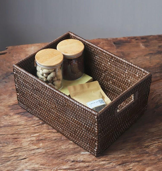 Large Brown Woven Rattan Storage Basket, Storage Baskets for Kitchen, Rectangular Storage Baskets, Storage Baskets for Clothes-LargePaintingArt.com