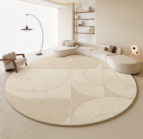 Geometric Circular Rugs for Dining Room, Cream Color Contemporary Modern Rugs, Modern Rugs under Coffee Table, Abstract Modern Round Rugs for Bedroom-LargePaintingArt.com