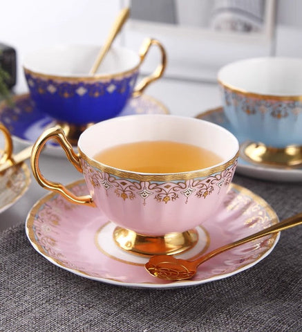 Unique British Tea Cup and Saucer in Gift Box, Pink Blue White Bone China Porcelain Tea Cup Set, Elegant British Ceramic Coffee Cups for Afternoon Tea-LargePaintingArt.com