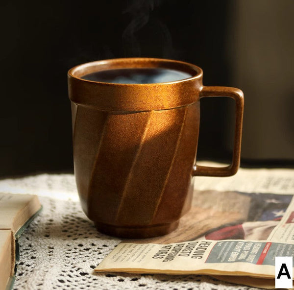 Unique Tea Cup, Large Capacity Coffee Mug with Cover, Large Modern Handmade Pottery Coffee Cup, Creative Brown Green Blue Black Ceramic Coffee Mugs-LargePaintingArt.com