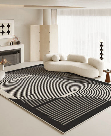 Geometric Contemporary Rugs Next to Bed, Black Stripe Contemporary Modern Rugs, Modern Rugs for Living Room, Modern Rugs for Dining Room-LargePaintingArt.com