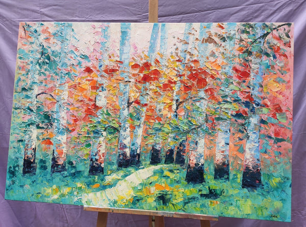 Custom Canvas Painting, Abstract Landscape Painting, Autumn Birch Tree, Canvas Painting-LargePaintingArt.com