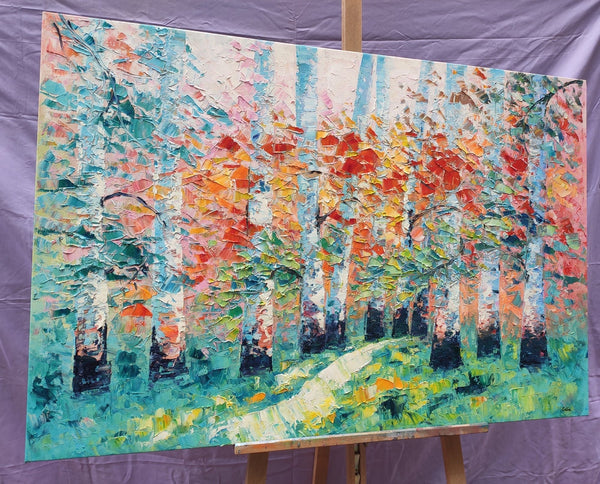 Custom Canvas Painting, Abstract Landscape Painting, Autumn Birch Tree, Canvas Painting-LargePaintingArt.com