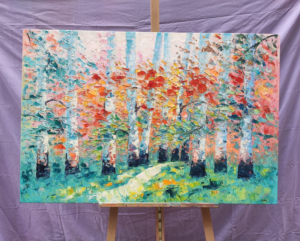 Custom Canvas Painting, Abstract Landscape Painting, Autumn Birch Tree, Canvas Painting-LargePaintingArt.com