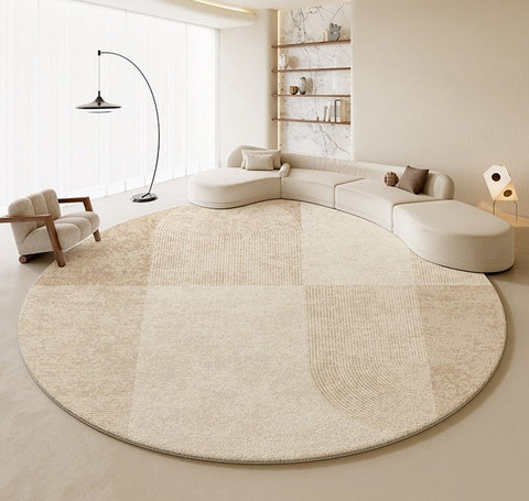 Abstract Contemporary Rugs for Bedroom, Modern Cream Color Rugs for Living Room, Modern Round Rugs under Coffee Table, Circular Rugs for Dining Table-LargePaintingArt.com