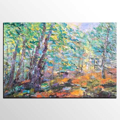 Autumn Forest Tree Painting, Landscape Canvas Painting, Impasto Paintings, Custom Large Painting for Bedroom, Original Landscape Painting-LargePaintingArt.com