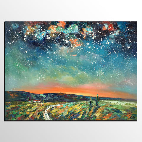 Abstract Landscape Oil Painting, Starry Night Sky Painting, Custom Large Canvas Painting, Heavy Texture Painting-LargePaintingArt.com