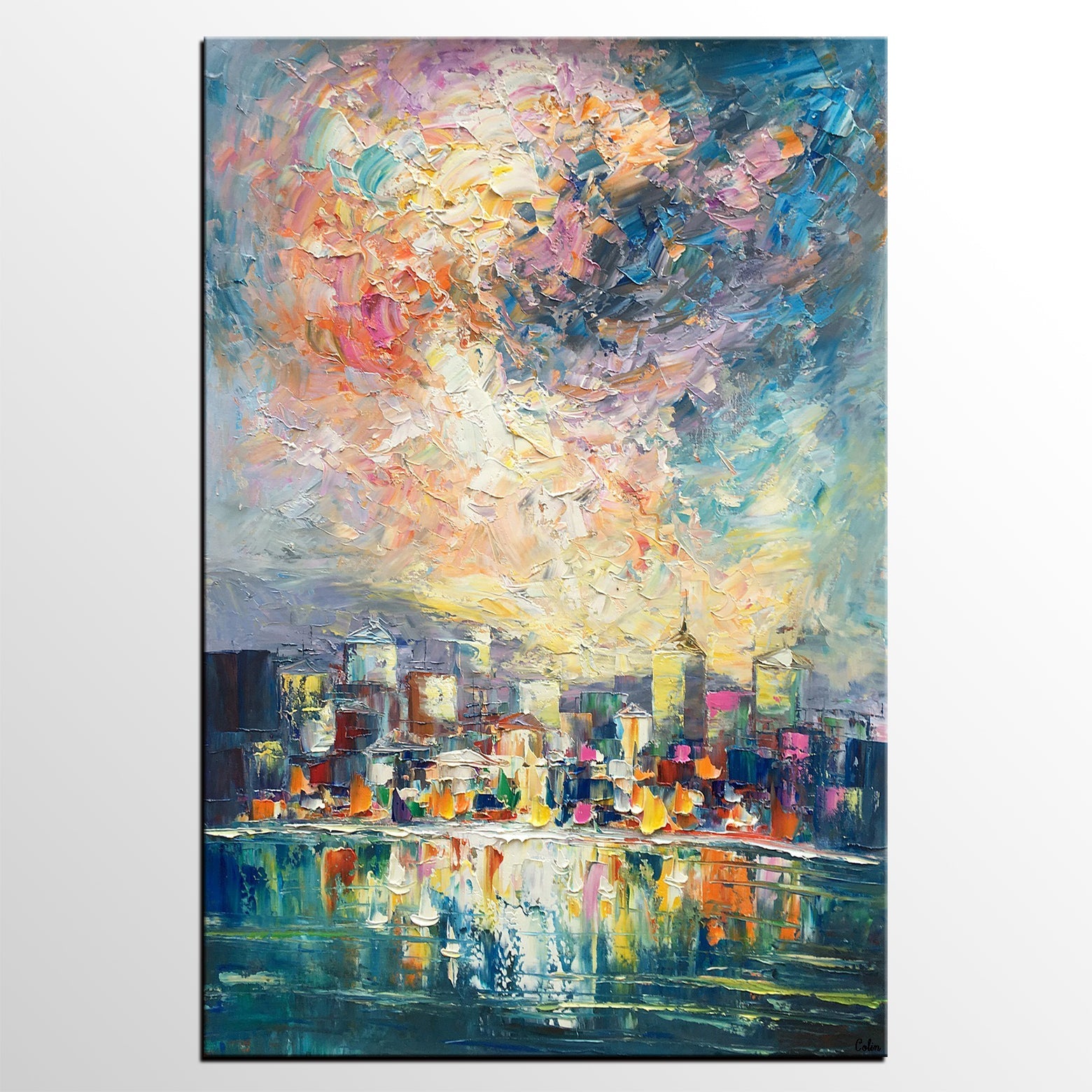 Abstract Landscape Painting, Heavy Texture Wall Art Paintings, Custom Original Paintings on Canvas, Cityscape Painting-LargePaintingArt.com