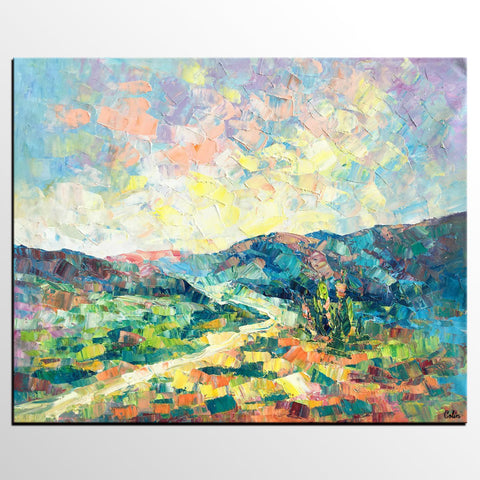 Canvas Painting, Heavy Texture Artwork, Spring Mountain Painting, Custom Landscape Oil Painting-LargePaintingArt.com