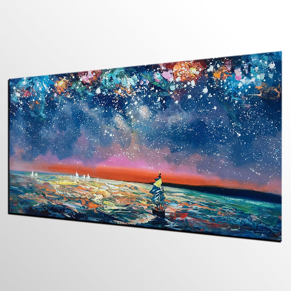 Canvas Wall Art, Sail Boad under Starry Night Painting, Seascape Painting, Custom Large Canvas Wall Art, Original Artwork-LargePaintingArt.com