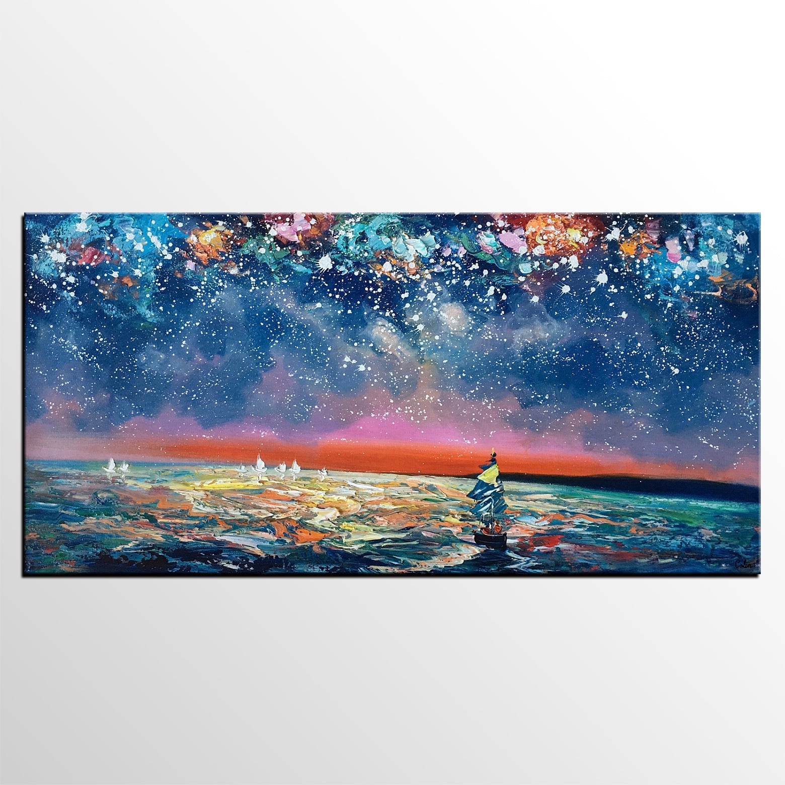 Canvas Wall Art, Sail Boad under Starry Night Painting, Seascape Painting, Custom Large Canvas Wall Art, Original Artwork-LargePaintingArt.com