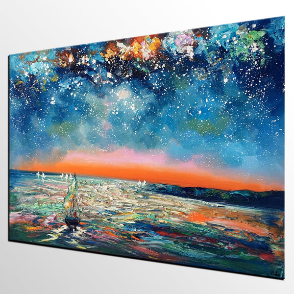 Canvas Painting Landscape, Oil Painting on Canvas, Sail Boat under Starry Night Sky Painting, Custom Art, Landscape Painting for Living Room-LargePaintingArt.com