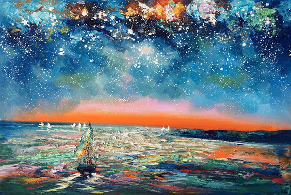 Canvas Painting Landscape, Oil Painting on Canvas, Sail Boat under Starry Night Sky Painting, Custom Art, Landscape Painting for Living Room-LargePaintingArt.com