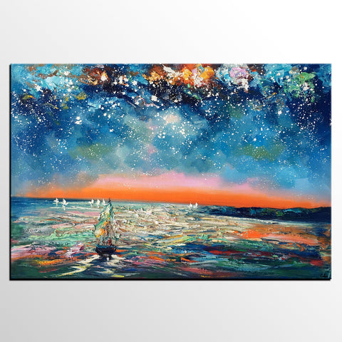 Canvas Painting Landscape, Oil Painting on Canvas, Sail Boat under Starry Night Sky Painting, Custom Art, Landscape Painting for Living Room-LargePaintingArt.com