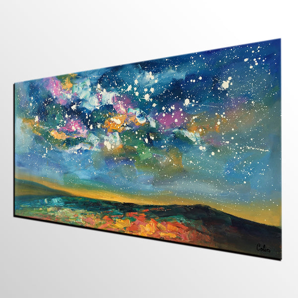 Abstract Landscape Paintings, Starry Night Sky Painting, Modern Canvas Painting, Custom Original Oil Paintings on Canvas-LargePaintingArt.com