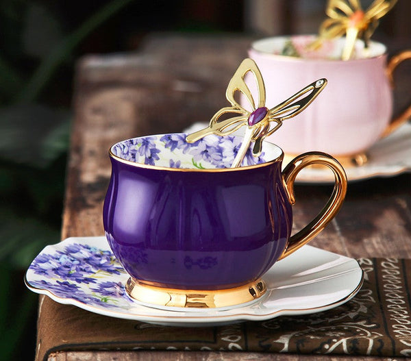 Elegant Purple Ceramic Cups, Unique Coffee Cup and Saucer in Gift Box as Birthday Gift, Beautiful British Tea Cups, Creative Bone China Porcelain Tea Cup Set-LargePaintingArt.com