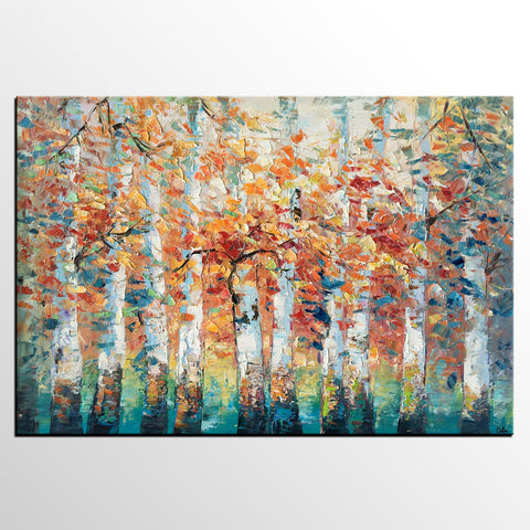 Birch Tree Landscape Painting, Custom Canvas Painting for Living Room, Heavy Texture Canvas Painting-LargePaintingArt.com