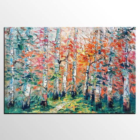 Abstract Landscape Painting, Custom Canvas Painting for Living Room, Heavy Texture Canvas Painting, Autumn Birch Tree-LargePaintingArt.com