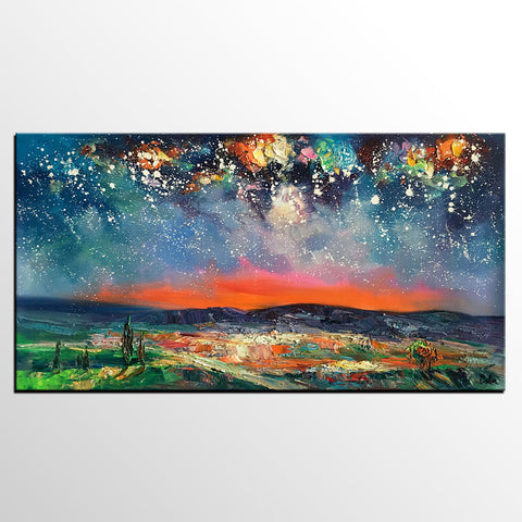 Canvas Painting for Dining Room, Custom Extra Large Painting, Starry Night Sky Painting, Original Landscape Painting-LargePaintingArt.com