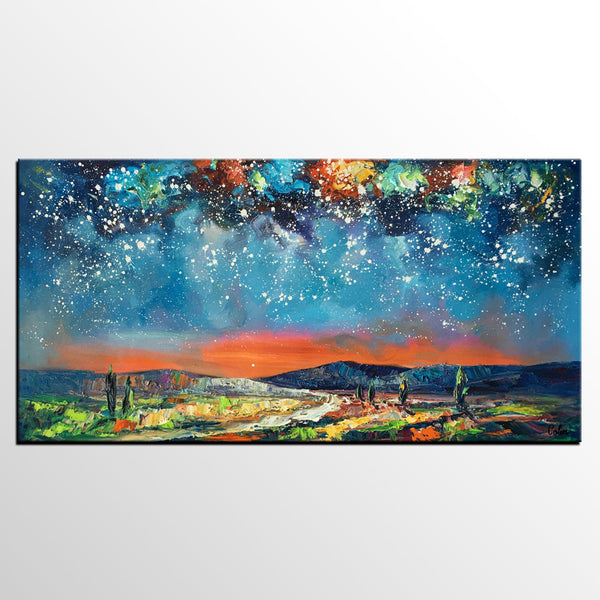 Canvas Painting for Bedroom, Starry Night Sky Painting, Custom Landscape Painting-LargePaintingArt.com