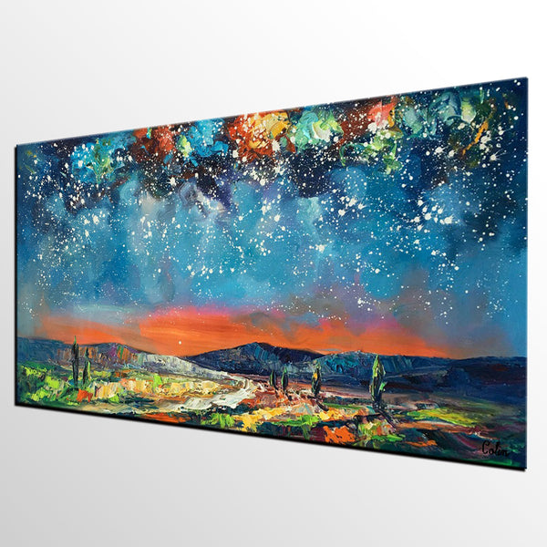 Canvas Painting for Bedroom, Starry Night Sky Painting, Custom Landscape Painting-LargePaintingArt.com