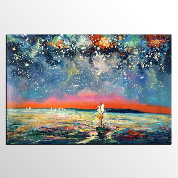 Canvas Painting, Abstract Art, Sail Boat under Starry Night Sky, Custom Landscape Wall Art, Original Painting-LargePaintingArt.com