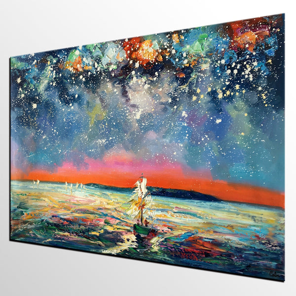 Canvas Painting, Abstract Art, Sail Boat under Starry Night Sky, Custom Landscape Wall Art, Original Painting-LargePaintingArt.com