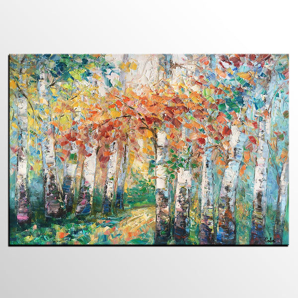 Autumn Birch Tree Painting, Heavy Texture Canvas Painting, Abstract Landscape Painting, Custom Canvas Painting for Dining Room-LargePaintingArt.com