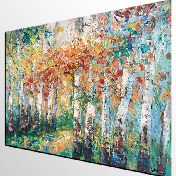 Autumn Birch Tree Painting, Heavy Texture Canvas Painting, Abstract Landscape Painting, Custom Canvas Painting for Dining Room-LargePaintingArt.com