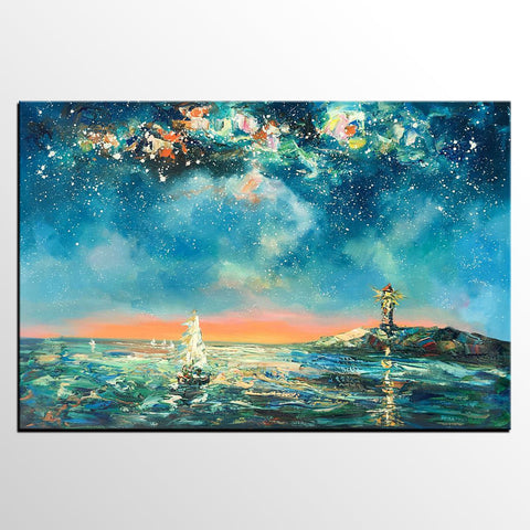 Canvas Painting, Abstract Art, Starry Night Light House Painting, Custom Landscape Wall Art, Original Painting-LargePaintingArt.com