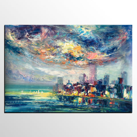 Cityscape Painting, Oil Painting on Canvas, Custom Landscape Canvas Painting, Heavy Texture Wall Art Paintings-LargePaintingArt.com