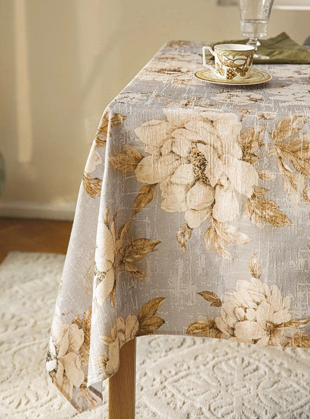 Peony Flower Tablecloth for Round Table, Beautiful Kitchen Table Cover, Linen Table Cover for Dining Room Table, Simple Modern Rectangle Tablecloth Ideas for Oval Table-LargePaintingArt.com