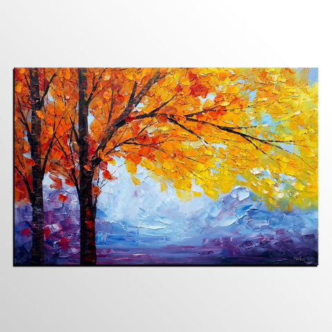 Autumn Tree Painting, Autumn Paintings, Original Landscape Oil Paintings, Custom Art, Canvas Painting for Living Room-LargePaintingArt.com