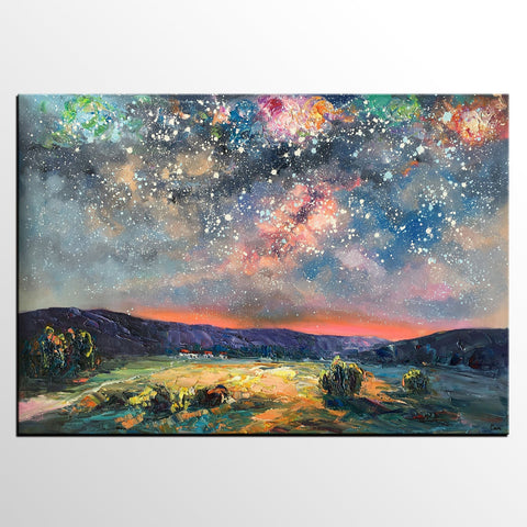 Abstract Landscape Painting, Starry Night Sky Painting, Heavy Texture Painting, Impasto Painting, Custom Wall Art Paintings for Living Room-LargePaintingArt.com