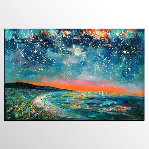 Canvas Wall Art, Starry Night Sky Painting, Landscape Art, Original Painting, Custom Art Painting-LargePaintingArt.com