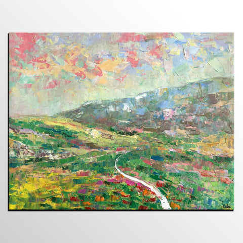 Mountain Landscape Painting, Palette Knife Paintings, Custom Wall Art Painting on Canvas, Spring Mountain Painting-LargePaintingArt.com