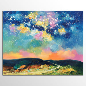 Abstract Landscape Painting, Starry Night Sky Painting, Heavy Texture Painting, Custom Canvas Painting for Sale, Large Painting for Bedroom-LargePaintingArt.com