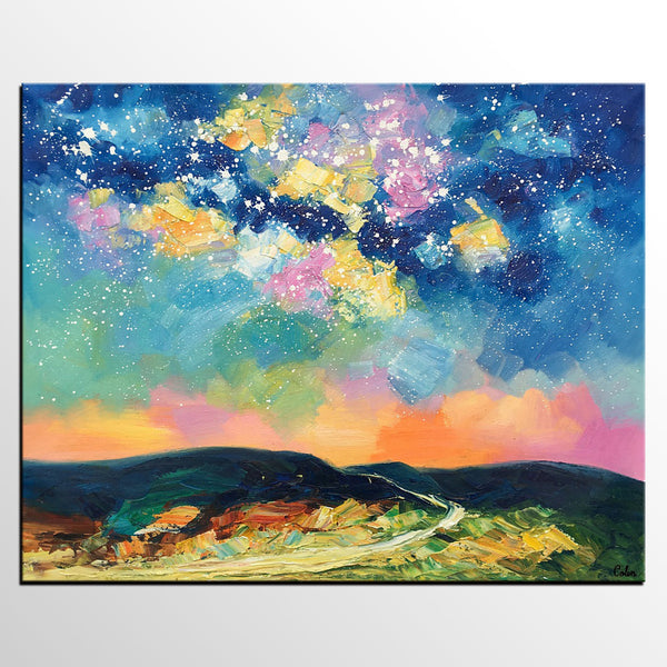 Abstract Landscape Painting, Starry Night Sky Painting, Heavy Texture Painting, Custom Canvas Painting for Sale, Large Painting for Bedroom-LargePaintingArt.com