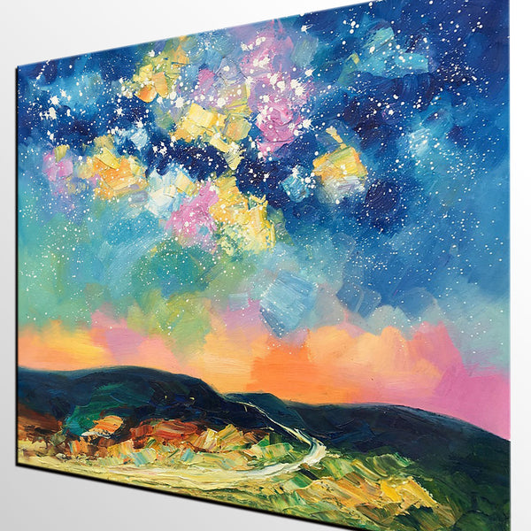 Abstract Landscape Painting, Starry Night Sky Painting, Heavy Texture Painting, Custom Canvas Painting for Sale, Large Painting for Bedroom-LargePaintingArt.com