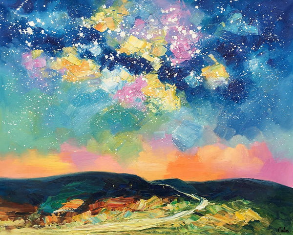 Abstract Landscape Painting, Starry Night Sky Painting, Heavy Texture Painting, Custom Canvas Painting for Sale, Large Painting for Bedroom-LargePaintingArt.com