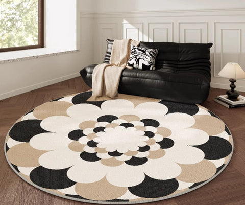 Abstract Contemporary Round Rugs under Chairs, Circular Area Rugs for Bedroom, Modern Rugs for Dining Room, Flower Pattern Modern Rugs for Living Room-LargePaintingArt.com