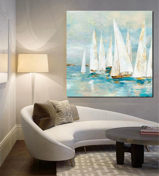 Sail Boat Painting, Hand Painted Abstract Painting, Abstract Landscape Painting, Extra Large Abstract Paintings on Canvas, Bedroom Wall Art Ideas-LargePaintingArt.com