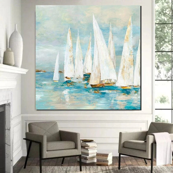 Sail Boat Painting, Hand Painted Abstract Painting, Abstract Landscape Painting, Extra Large Abstract Paintings on Canvas, Bedroom Wall Art Ideas-LargePaintingArt.com