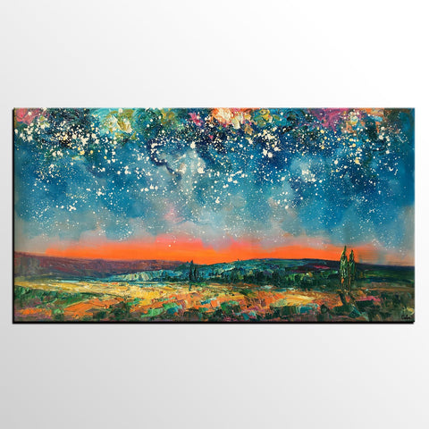 Original Landscape Painting, Starry Night Sky Painting, Bedroom Wall Art Paintings, Custom Original Painting for Sale-LargePaintingArt.com