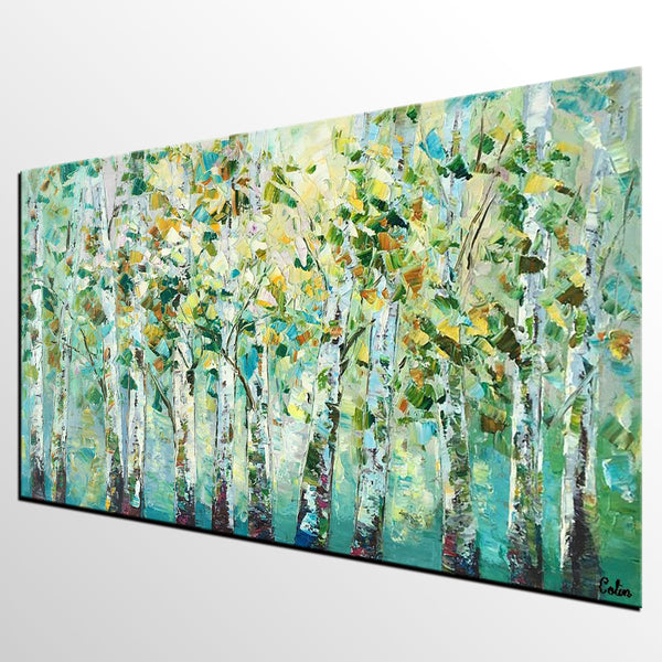 Birch Tree Painting, Abstract Autumn Painting, Heavy Texture Painting, Custom Landscape Painting-LargePaintingArt.com