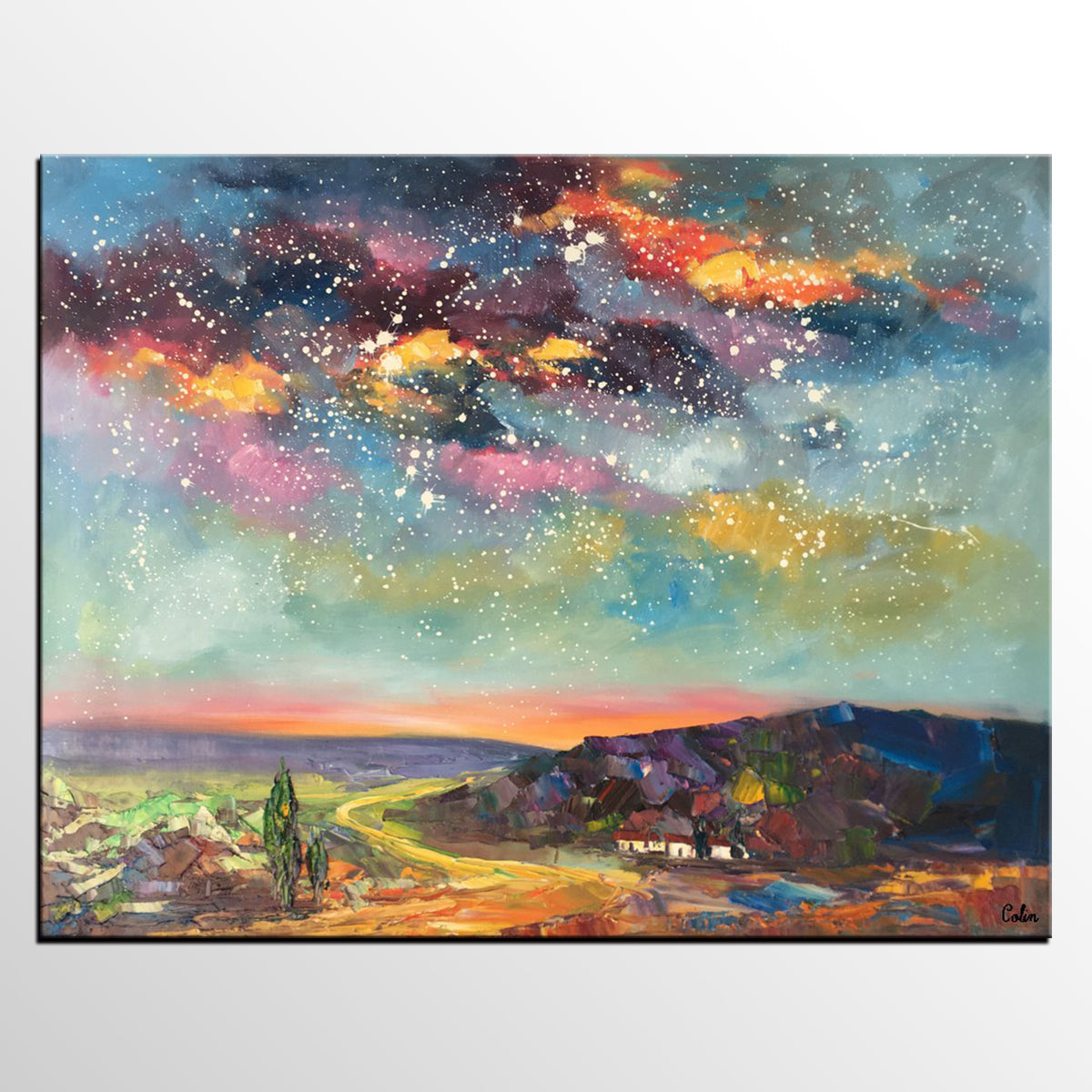 Wall Art for Bedroom Wall Art, Starry Night Sky Painting, Landscape Art, Custom Large Canvas Painting-LargePaintingArt.com